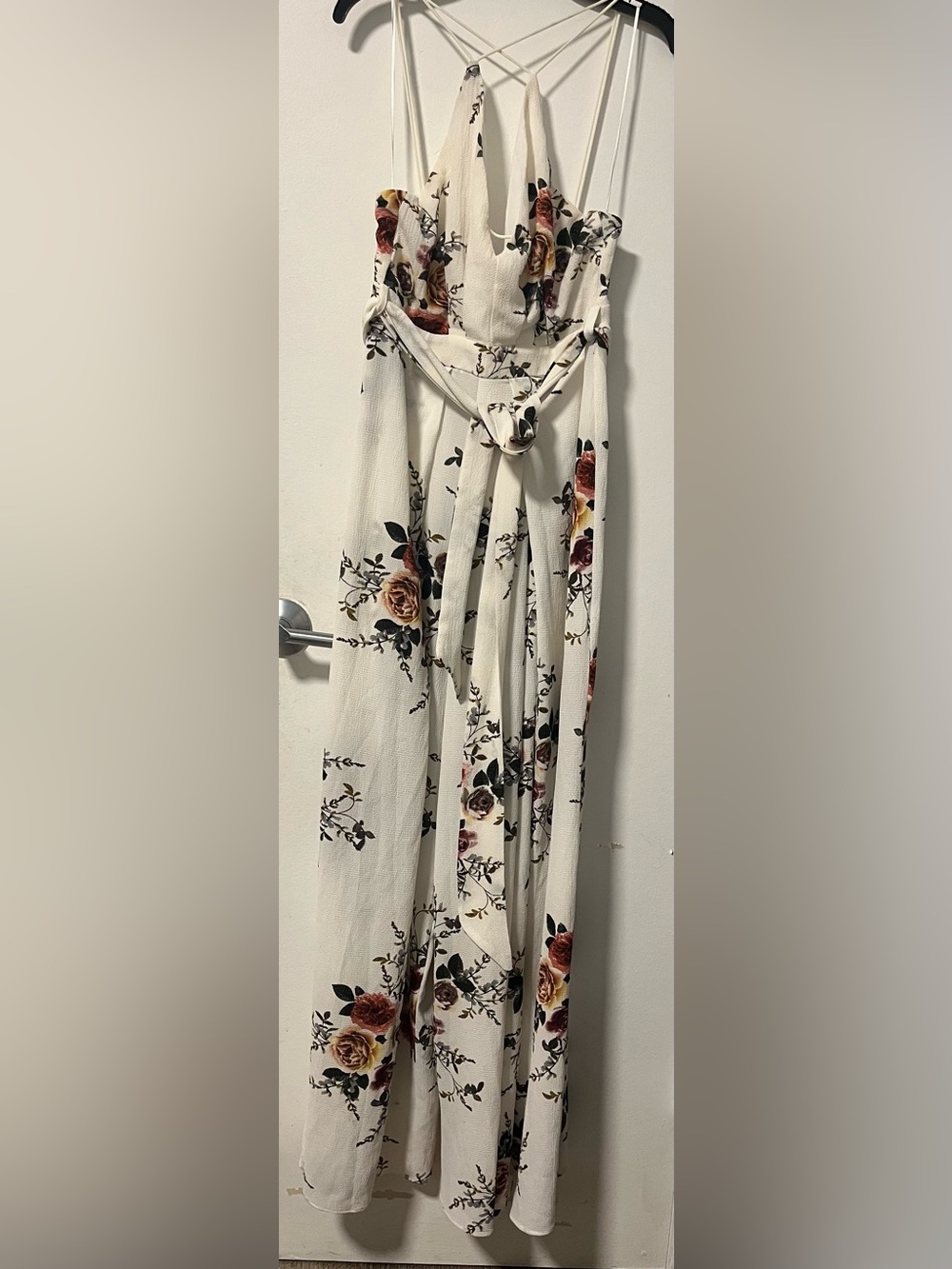 Floral Cream Strappy Wide-Leg Jumpsuit with Tie Waist